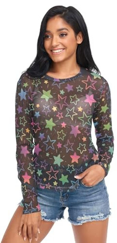 Seamless Bright Neon Stars Women's See Through Top Mesh Shirts Long Sleeve Mesh Shirts Tee Shirt, Seamless Bright Neon Stars, S