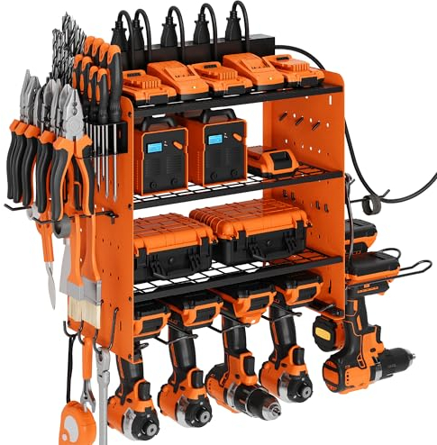 Organizador de herramientas eléctricas con estación de carga, estante de almacenamiento de garaje de 4 capas con 6 soportes para taladros, regalo del día del padre para papá, organizador de garaje de