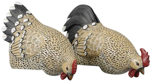 Deko Hühner Kantenhocker Set - Braune und Weiße Farbtöne - Handgemachte Shabby-Chic-Optik - Polyresin Gartenfiguren