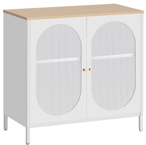 HOMSTEEL Sideboard, Metallschrank mit transluzenten PC Board Türen, Zwei Farbe Griffe, Liquor Schrank mit verstellbaren Regalen für Küche, Esszimmer, Wohnzimmer, Flur, Naturfarben-Weiß