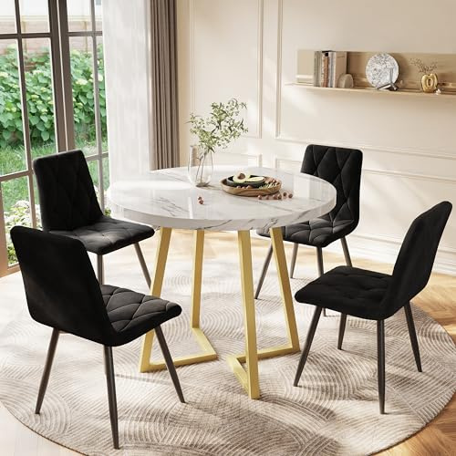 KUAKE Esstisch mit 4 Stühlen Rund, Essgruppe für 4 Personen, Samt Esszimmerstühle, Küchentisch Set mit Goldenen Tischbein, für Ihr Esszimmer und Wohnzimmer, MDF Tischplatte (Schwarze-A)