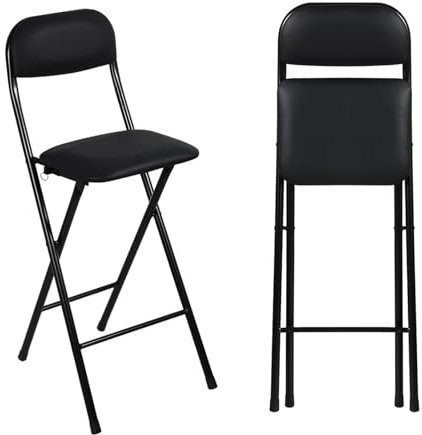 Sgabello Alto Pieghevole Imbottito 65cm con Schienale, Sedia da Bar Richiudibile 70cm con Poggiapiedi per Cucina, Ufficio, Negozio(Zwart,65cm/26in)