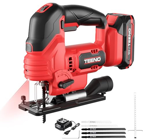 TEENO Scie Sauteuse Sans Fil pour Batterie Makita 20 V, 800-3000 SPM Scie Sauteuse Laser avec 5 lames, Inclinaison ± 45°, 6 vitesses, LED, Coupe du Bois,Plastique,Métal (Une batterie, 2.0 Ah)