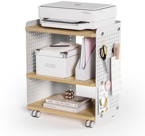 Fenge Druckertisch mit Rädern Mobiler Druckerhalter mit Pegboard 3 Ebene Druckerständer/Rollcontainer mit Organizer Regal Aktenschrank für Büro Zuhause 45,3x33,5x53,5cm (Eiche)