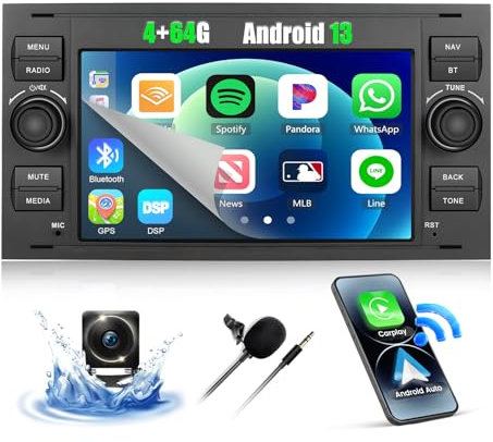 CAMECHO 4+64G Android 13 Autoradio per Ford Fiesta Focus Mondeo Galaxy S-Max, 7 Senza Fili Carplay Radio Bluetooth con Telecamera Posteriore con Android Auto GPS WIFI FM/RDS AI DSP EQ Mirror Link