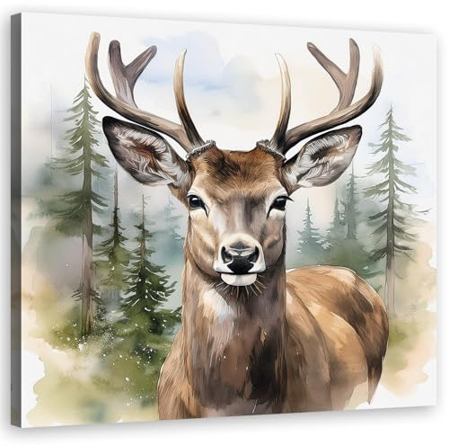 Feeby Leinwand Bilder - Hirsche Waldbäume - Canvas 60x60 cm - Deko Wohnzimmer - Wandbilder Schlafzimmer - Deko Aesthetic - Wand Deko - Leinwand Groß - Deko Zimmer - Leinwandbilder XXL