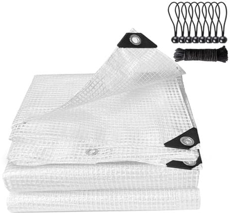 Clear Tarpaulin Waterproof Heavy Duty Greenhouse Grid Tarpaulin Outdoor Polythene Plastic Sheeting 140GSM Transparent Tarp Cover With Eyelets For Protection Plant Garden Furniture Firewood (5m x 6m)