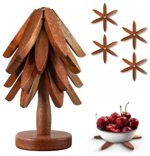 Untersetzer Holz Set für Baumkunst, Weihnachtsbaum Topfuntersetzer Holz Set mit 4 Untersetzer Topf & 1 Ständer, Faltbare Untersetzer Topf für Küchenpfannen,Töpfe und Besteck (Dunkel)
