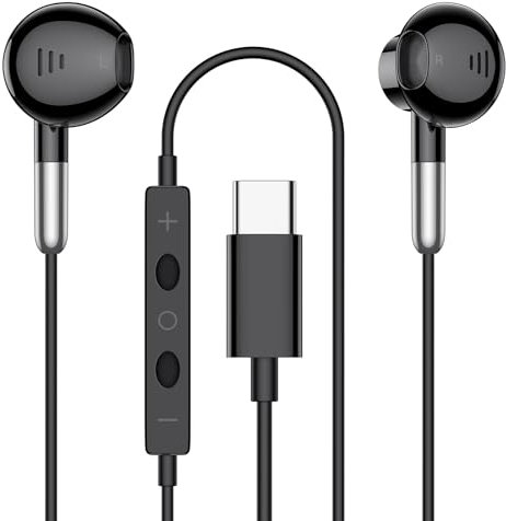 USB-C Wired Earphones for i-Phone 16 15 Pro Max Plus,HiFi Stereo Noise Reducing In-Ear Type-C Headphones with Mic & Volume Control for S-amsung Galaxy S24/S23/S22/S21 FE,i-Pad Pro,h-uawei,Pixel- Black