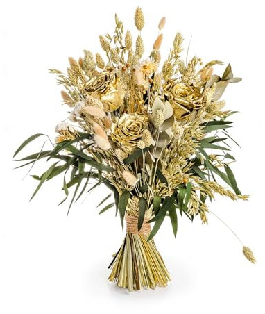 Aluisi Fiori - Bouquet di Fiori Stabilizzati e Fiori Secchi con Rose Oro Stabilizzate - Simbolo di Amore Prezioso ed Evento Prezioso