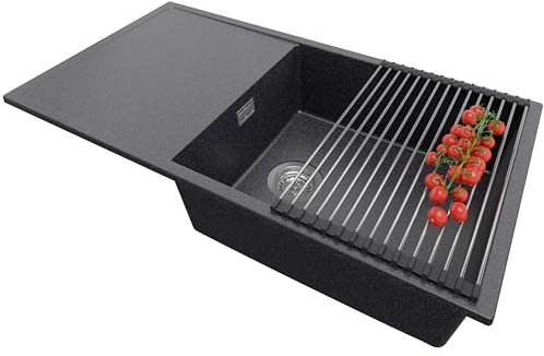 PRIMAGRAN Granitspüle Anthrazit 90x50cm, Granitspüle 1 Becken + Ablauf-Set + Aufrollbare Abtropffläche, Küchenspüle ab 60er Unterschrank - Ibiza S054