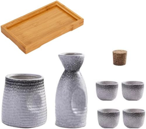 Japanisches Sake-Set, Keramik-Sake-Flasche, 4 Sake-Becher und Stövchen mit Holztablett – perfekt für das Essen zu Hause oder im Restaurant, 1 Topf, 4 Tassen, 1 Wärmer, 1 Tablett