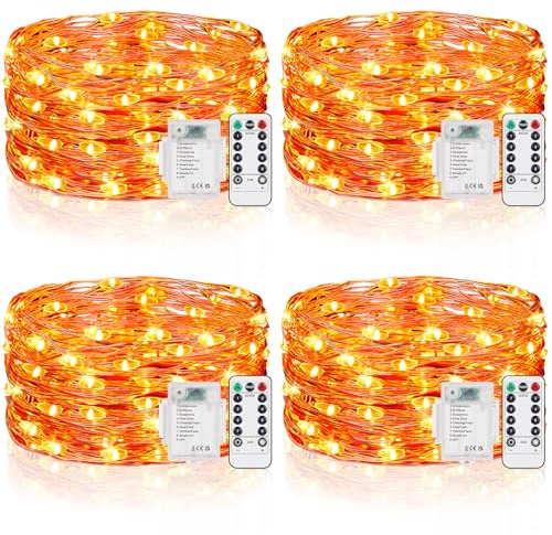 Vacoulery Orange Fairy Lights Battery Operated, 5M 50 LED Halloween Decoration String Lights with Remote Control, 8 Modes Waterproof for for Autumn Halloween Christmas Home Decor (4 Packs, Orange)