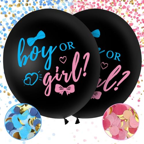 AINIUNIU 2 Stück Gender Reveal Ballon XXL in Schwarz, 36 Zoll Geschlecht Verkünden Ballons, inkl. Rosa & Blauen Konfetti, Boy or Girl- Kinderluftballons für Gender Reveal Party Deko