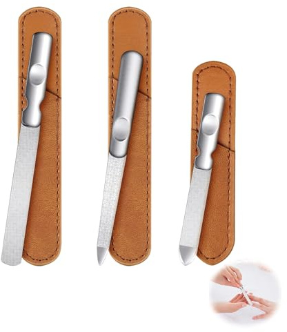 Lot de 3 Limes à Ongles en Acier Inoxydable à Double Face, Lime Métal à Ongle Professionnelle Fichiers à Ongles avec Poignée Antidérapante et Pochette en Cuir pour Femmes et Hommes Manucure Cosmétique