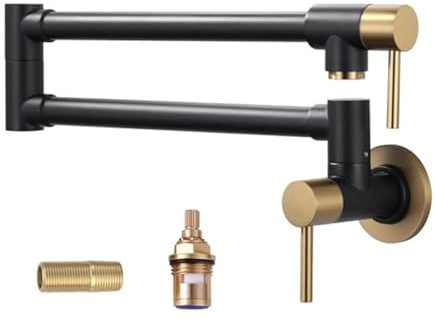 Grifo de pared latón for llenado ollas, negro mate y dorado, plegable, retráctil, un solo orificio, colador resistencia industrial