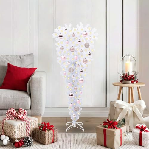 Árbol de Navidad artificial blanco de 120 cm, PVC y acero, con 150 luces LED USB rosas, 8 modos, para interior y exterior, duradero