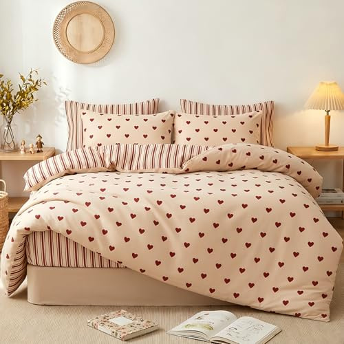 Tospass Herz Bettwäsche 155x220 Herzen Beige Rot Herzchen Gestreifte Bettwäsche-Sets Mädchen Kinder Mikrofaser ÖKO-TEX Bettbezug 1 Deckenbezug mit Reißverschluss und 1 Kissenbezug 80x80cm