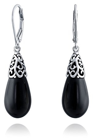 Bling Jewelry Onyx Gefärbt Schwarz Teardrop Sterling Silber Tropfen filigrane Ohrringe