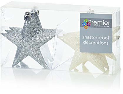 Christmas Tree Decoration 6 100mm Shatterproof Glitter Stars - Silver & White