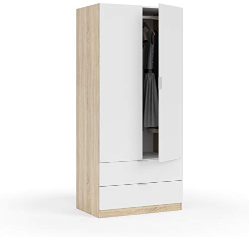 Dmora - Garde-robe 2 portes Burbank, armoire de chambre 2 tiroirs, Armoire avec tringle à vêtements, 82x52h180 cm, Blanc et Chêne