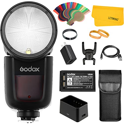 Godox V1-C für Canon Round Head Kamera Blitz, 2.4G 1/8000 HSS TTL Blitzgerät, 480 Full Power Shots, 10 Level LED Modeling Lampe, kompatibel für Studio/Portrait/Photography