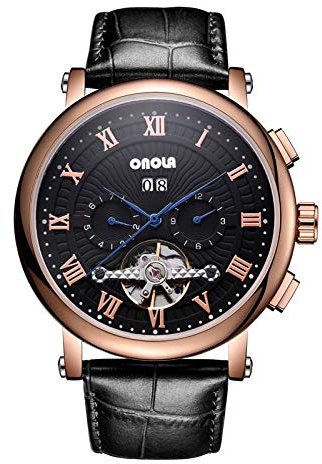 Armbanduhren,Vollautomatische Mechanische Businessuhr Ruder Schwungrad Hohl Wasserdicht Schwarz