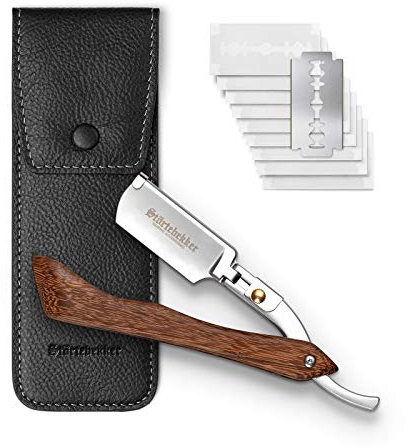 Störtebekker Rasoir de barbier avec étui en cuir fait main + pierre d'alun et 10 lames - rasoir barbe homme de qualité supérieure - kit rasage - rasoir homme (Bois - Noir)