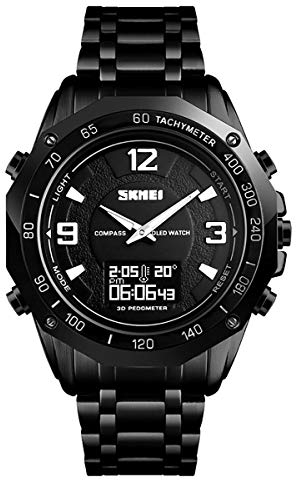 SKMEI Montre gadget double horaire, podomètre, chronomètre, compte à rebours, alarme, boussole, bracelet en acier inoxydable