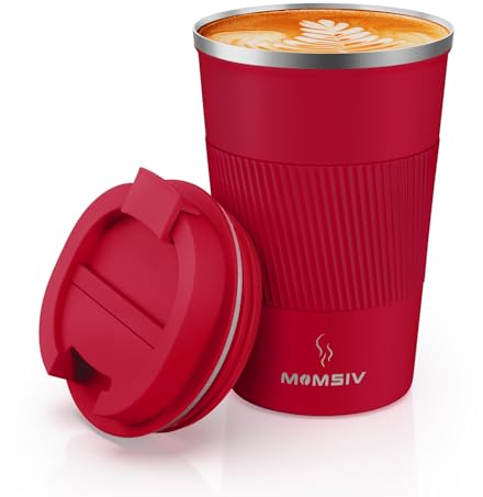 MOMSIV Coffee Cup, Vacuum Reusable Leakproof Double Wall Travel Cup, Insulation Stainless Steel Eco-Friendly Travel Office Mug for Hot Coffee Tea and Cold Drinks, 13oz/380ml (Red)