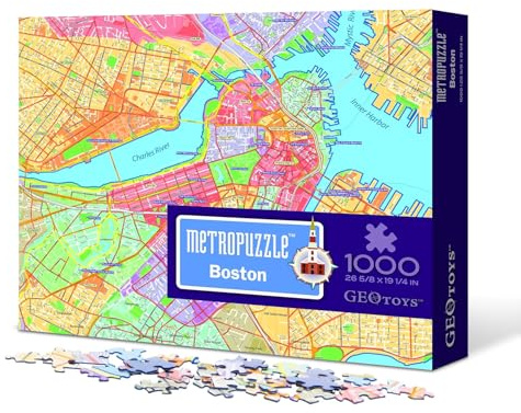 GeoToys Metropuzzle, Boston Jigsaw Puzzles 1000 Pieces - 27 x 19 Detailed Boston Geography Puzzle, Challenging Adult Puzzle, Fun Puzzles for Adults with Vibrant Colors, Map Poster Included