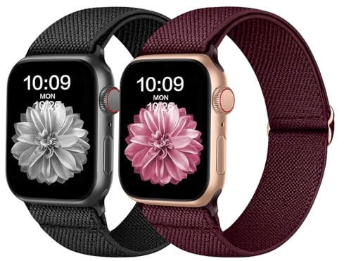 Recoppa Elastisch Armband Kompatibel mit Apple Watch Armband 41mm 40mm 38mm, Dehnbar Verstellbar Solo Loop Nylon Stoff Armband für Apple Watch Series 8 SE 7 6 5 4 3 2 1, Schwarz/Winerot