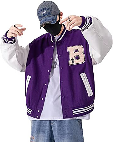 DAIHAN Giacca da Baseball Cappotto da Uomo Giacca da College Patchwork Giacca da College Giacca Varsity Felpa Motociclista Giubbotto Giacca da Coppia Unisex Giacca Capispalla,Viola,M