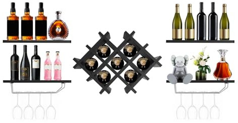 Mensola per vino a parete, in legno, da appendere, con diamante, supporto da parete per bottiglie, portabottiglie, con porta bicchieri da vino, per bar, cucina, ristorante (nero)