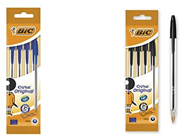 BIC Cristal medium Bolígrafo de punta redonda, color azul, pack de 4 unidades + Cristal Original Bolígrafo de punta redonda, color negro, pack de 4 unidades