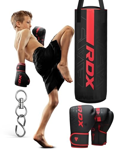 RDX Gefüllt Boxsack Kinder,60 cm Hängend Box Set Für Boxen Kickboxen MMA Muay Thai Karate, Punchingsäcke für Jungen Mädchen, Maya Hide Leder Kids Punching Bag