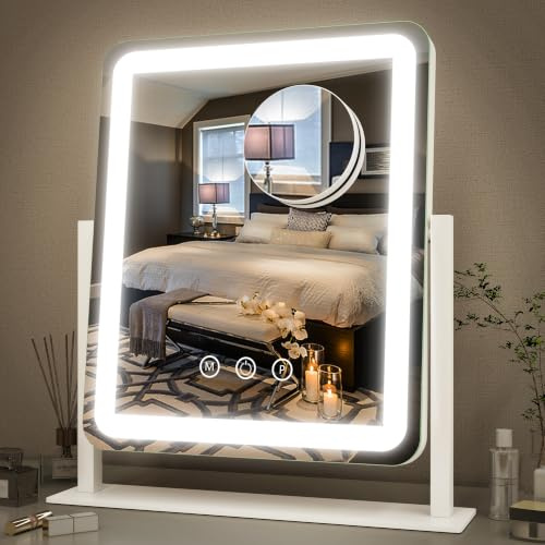 FENNIO Vanity Mirror with Lights - 15x12.6 LED Lighted Makeup Mirror, Large Makeup Mirror with Lights, Touch Screen with 3-Color Lighting, Dimmable, for Vanity Desk Tabletop, Bedroom