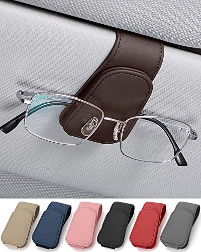 JEJA Porte Lunettes pour Pare-Soleil de Voiture, Cuir Clip de Support de Lunettes de Visière de Voiture, pour Lunettes de Soleil Carte Ticket, Marron