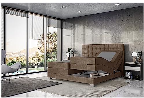 MEBLINI Boxspringbett Elektrisch Verstellbar - Gepolstert Doppelbett mit Matratzen und Toppers - Polsterbett - Bett mit Kopfteil - Edison - 140x200 - H3/Braun Samt