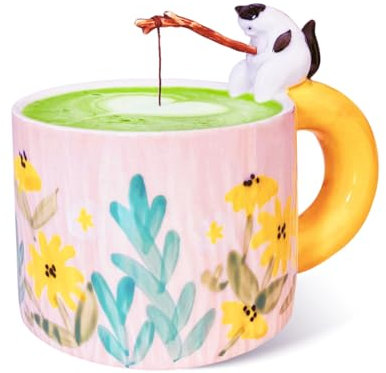 QILORYA Niedliche Katze Angeln Becher 450ml, Kawaii Keramik Kaffeebecher mit Angelrute und Fisch, Novelty handbemalte Katze Tasse für Tee, lustige 3D Tier rosa Becher für Frauen, Mädchen.