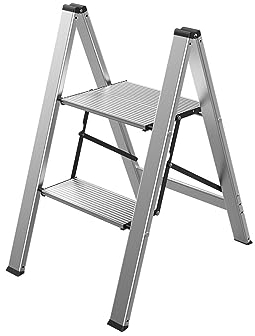 Mephisto Trittleiter Klappleiter Stufenleiter Haushaltsleiter flach aus Aluminium inkl. Anti Rutsch Trittflächen mit 2 Stufen ohne Griff bis 150 kg Tragkraft