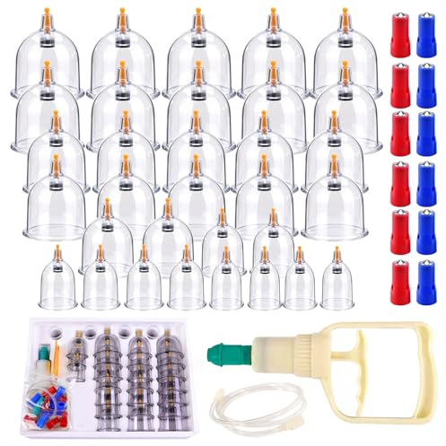 Lot de 32 ventouses chinoises avec pompe à vide, lot de 32 ventouses médicales avec aimants thérapeutiques et grattoir pour fascias, thérapie chinoise traditionnelle