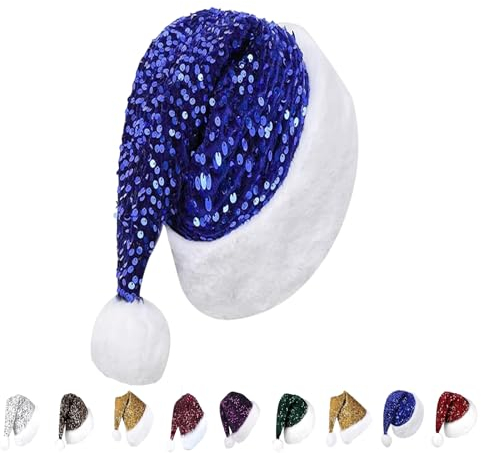 YAAVAAW Blau Pailletten Weihnachtsmütze für Erwachsene Kinder,35 * 45cm Nikolausmütze Plüsche Weihnachtsmann Mütze,Warm Dicker Nikolaus Mütze Santa Clause für Männer Frauen Familie Weihnachtsfeier