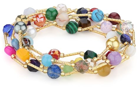 MetJakt Handgemachtes Buntes Naturstein Kristall Muschel Wickelarmband Damen Stretcharmband 18k Vergoldet Perlen Edelstein Facettiert Golden Mallorca Schmuck (5 Wickel-Multicolor-A)