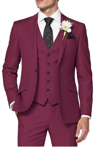 HUUTOE Costume 3 pièces élégant pour homme, type smoking, coupe ajustée, avec blazer, gilet et pantalon, pour l’été, mariage, bal de fin d'année, affaires, rouge vin, Taille 6XL