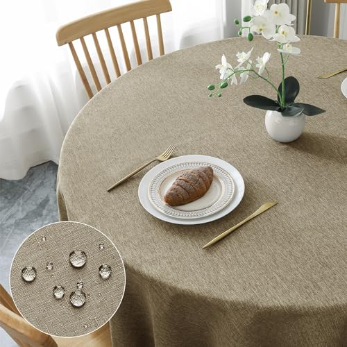 AooHome Tischdecke Rund Φ120cm, Kaffee Braun Leinen-Optik Tischdecken Abwaschbar Tischtuch aus Polyester Wasserabweisend mit Lotuseffekt, Dauerhaft Kratzfest für Wohnzimmer, Esszimmer, Balkon, Garten