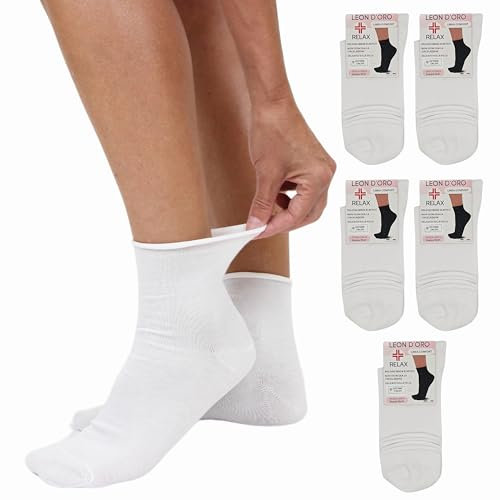 LEON D'ORO Calze Donna Sanitarie Calze Senza Elastico per Diabetici 5 paia Cotone leggero estivo Made in Italy (IT, Numero, 35, 41, Regular, Regular, 5 Paia Bianco)