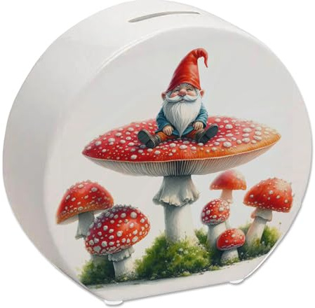 speecheese Garden Gnome on a Toadstool Money Box Garden Figurine Gnome on Mushroom Red White Statue Decorative Money Box for Garden Fan or Saving
