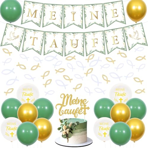Sursurprise Meine Taufe Deko Grün für Mädchen Junge, Meine Taufe Banner, Tortenaufsatz zur Taufe, Holz Fische Tischdeko, Meine Taufe Luftballons, Kommunion Konfirmation Babyparty Deko