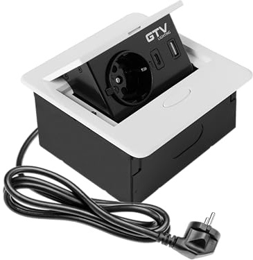 GTV - Möbelsteckdose AVARO, 1x Schuko Steckdose, USB A+C, Kabellänge 1,5m, Farbe Weiß, für Schreibtische, Tischplatte, Küchen und Büro | Kompakte Abmessungen